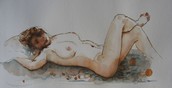 femme nue avec des cheveux roux dessin aquarel 34/20cm