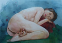 naked woman and the red pillow '12 aquarelle 70x50cm